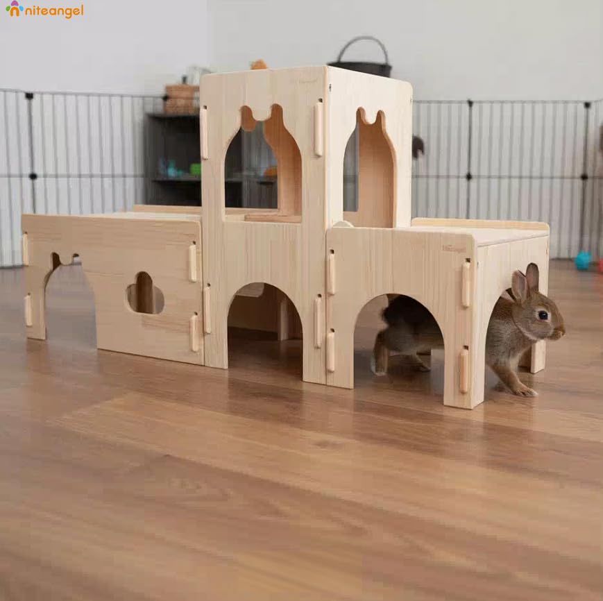 Niteangel Wooden Rabbit Castle and Hideout - Spacious and Breathable Bunny House Tunnel for Rabbit Chinchilla Guinea Pigs or Other Small-Sized Pets (Full Set Castle)