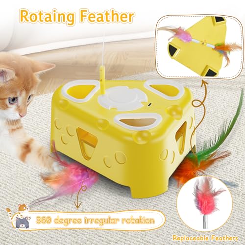 Automatic Cheese-Shaped Interactive Cat Toy – Flying Bird, 6-Hole Mole & Rotating Feather | USB Rechargeable Electronic Feather Toy for Indoor Adult Cats & Kittens, Relieves Boredom | Cheese-shaped non-slip base, 3 play modes, USB-C rechargeable 1200mAh b