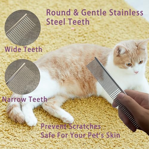 Cat Grooming Brush Kit 6 Tools - Deshedding & Dematting for Long/Short Hair, Self-Cleaning Slicker Brush with 6-in-1 Flea Comb for Cats & Kittens (Blue) - color: Blue
