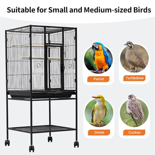 Spacious Flight Bird Cage with Rolling Stand & Storage Shelf - Durable Wrought Iron Parrot Home w/Play Top & Bowls - Easy Clean, Ideal for Parakeets, Cockatiels, Conures - size: 25.4"L x 19.7"W x 5.9"H