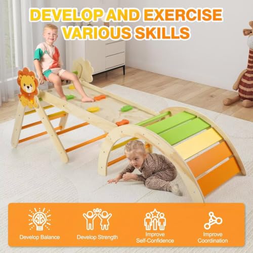 Pikler Triangle Set with Cushion, 7 in 1 Toddler Climbing Toys Indoor | Foldable Space-saving Design, Montessori-inspired Learning, Reversible Slide & Ramp, ASTM F963 Standards for Toddlers 18M-5Y - color: Lion