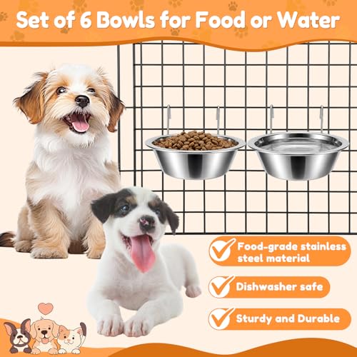 6 Pack Hanging Dog Kennel Bowls, No Spill Crate Water Bowl Food Feeder for Cage Removable Coop Cup with Hook Holder for Puppy Small Cat Ferret Rabbit Stainless Steel Dogs Dish 10 & 20oz