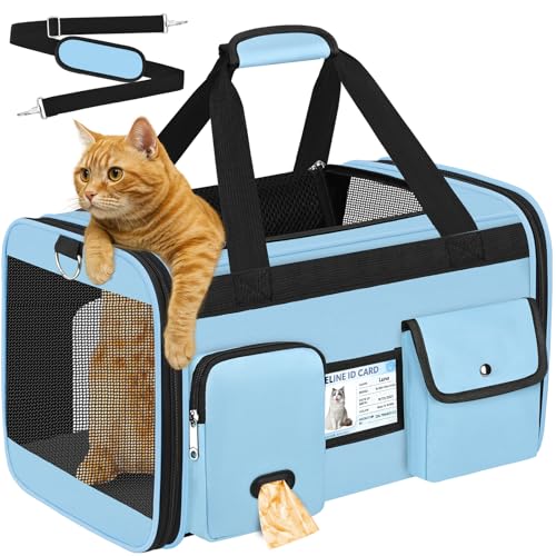 HUANLANG Large Cat Carrier Travel Soft Sided Pet Carrier Airline Approved | Dog Carriers for Small Dogs Medium Cats,Collapsible,3 Storage,zipper lock,Reflective strips,Luggage Strap, Up to 15 Lbs - color: Light Blue