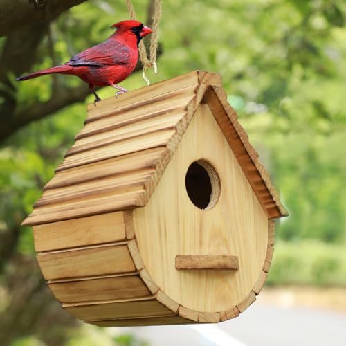 Bird House for Outside,Wood Birdhouses Outdoor, Wooden Bird House Bluebird Finch Cardinals Hanging Birdhouse for Garden Viewing