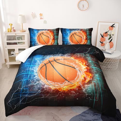 Nttopship Basketball Boys Comforter Set Queen Size Basketball Bedding Sets 3 Piece Sport Themed Bedding 3D Sport Microfiber Bedding Set for Boys Kids(1 Comforter and 2 Pillowcases) - color: Basketball, size: Queen