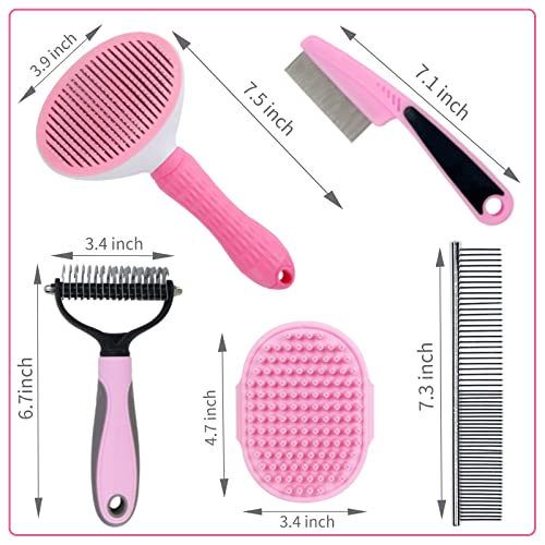 Dog Grooming Kit - Deshedding Brush for Short Hair, Slicker Brush, Flea Comb, Puppy Brush Set in Pink - color: Pink