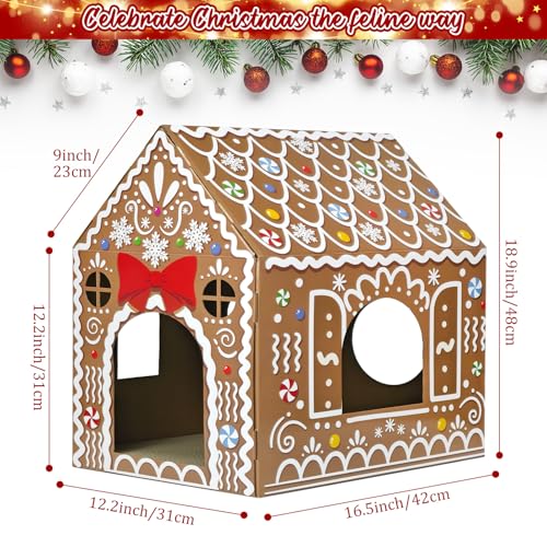 Cinrobiye Christmas Cardboard Cat House with Scratcher Pet Gingerbread Board Bed Cave Playhouse Hideaway Hideout Condo Decor Small Animals Scratch Box for Indoor Cats Kittens Rabbits Bunny (Brown, 1) - color: Brown