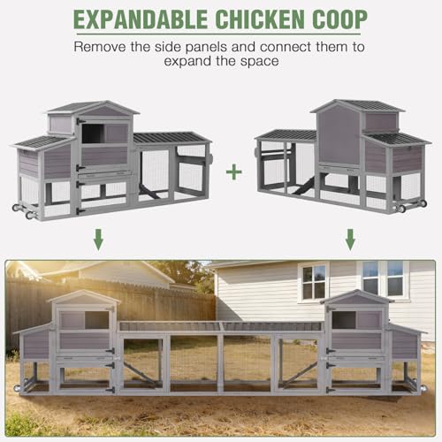 Mobile Chicken Coop with Wheels for 4-6 Chickens, Large Wooden Hen House Expandable Duck Cage with Run, 2 Nesting Boxes, Easy Clean Pull-Out Tray, Waterproof Asphalt Roof (Grey) - size: 80.6"L x 26.6"W x 42.4"H