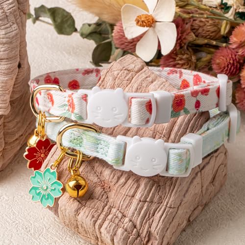 2 Pack Cotton Cat Collar Green and Red Flowers Cute Kitten Cat Collar | Breakaway Breathable Soft material With cute pendants with Bell - color: Green&Red