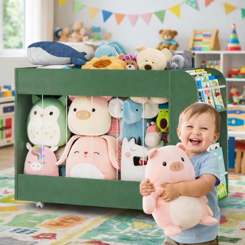 Wooden Kids Bookshelf, Toy Storage with Side Drawing Chalkboard | 3-in-1 Mobile Stuffed Animal Storage Zoo, Rolling Toy Box Container on 4 Wheels for Kids Room Playroom Nursery Bedroom, Green - color: Green