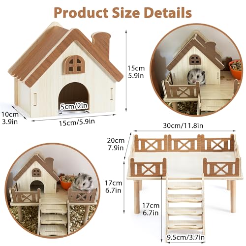 Wooden Hamster Platform and Cute Habitat House with Climbing Ladder | Made Of Thick Natural Wood, Includes A Platform For Feeding Supplies & Hideout To Save Cage Space And Serve As A Lovely Decor - color: platform & house