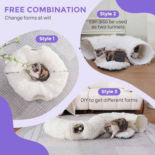 Cat Tunnel with Bed – Soft Plush Peekaboo Donut Cave for Indoor Cats | Under Christmas Tree Hideaway & Multifunctional Playground Toy for Kittens, Rabbits, Ferrets (Long-Pile Fabric White) - color: Long-pile fabric White