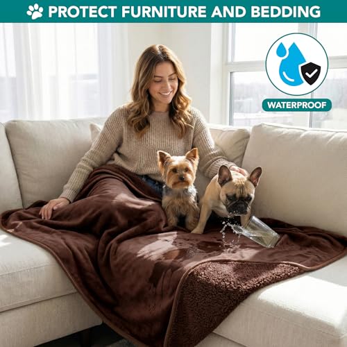 PETAMI Sherpa Fleece Waterproof CAT and Dog Blanket, Brown, Small
