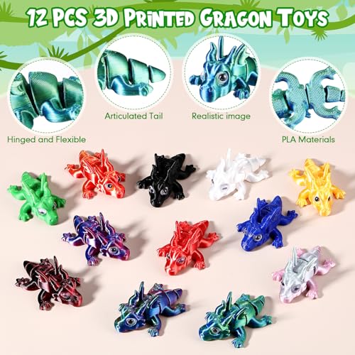 Honoson 12 Pcs 3D Printed Animals 5-7cm, Dragon | Articulated Fidget Animals, Flexible 3D Printed Figures for Stress Relief, Cute Mini Joints for Party Favors and Display - size: 5-7cm, style: Chinese Dragon