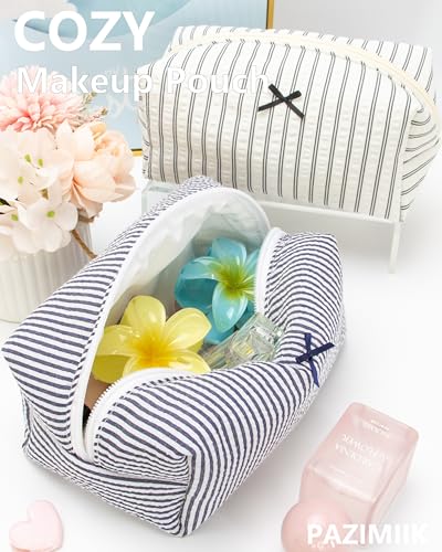 PAZIMIIK Cozy Makeup Bag for Women,Zipper Cosmetic Pouch,Stripe Navy Blue | Soft Cosmetic Organizer for Makeup,Skincare,Toiletries,Daily Beauty Essentials,Purse,On-the-Go,Bridesmaid Gifts - color: Stripe Navy Blue