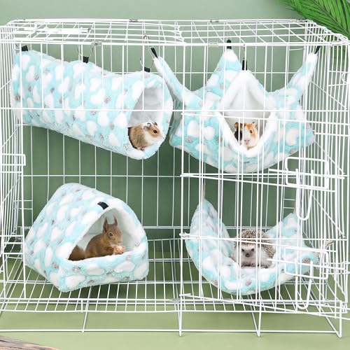 MCEAST 4 Pieces Small Pets Cage Accessories Hanging Hammock Sleeping Bag Tunnel and Bed Hideout Set Warm Sleep Nap Sack Bed for Hamster Ferret Squirrel Rabbit, Light Blue Hearts - style: Blue Hearts