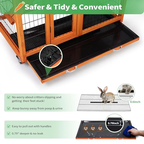 COZIWOW Rabbit Hutch Indoor Outdoor with Wire Floor & Removable Tray Orange | 2-Story Large Wooden Bunny Cage on Wheels, No-Spill Design, Chewproof Ramp for Multiple Small Animals