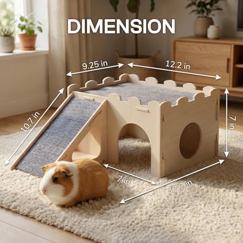 Wooden Guinea Pig Hideout with Ramp and Hay Holder | Indoor cavy house with enclosed room, multiple openings, removable fabric grips, front ramp and under-ramp hay nook - size: Large