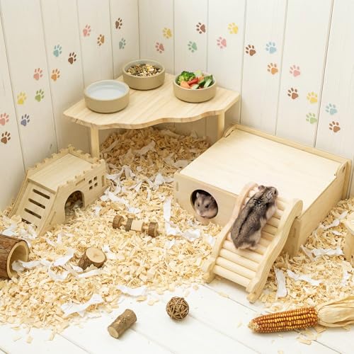 BreezeHug 4 Pcs Hamster Cage Accessories Hamster Platform Hideout Wooden Tunnel Ladder Playhouse Game Climbing Toy with Platform for Pets Dwarf Syrian Mice Degus Gerbils Squirrel(Castle) - style: Castle