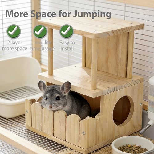 Chinchilla Hideout House Solid Wooden Chinchilla Cage Accessories | Chinchilla House No Paint Wooden Guinea Pig Hideout Small Animal Hide Hut for Chinchilla, Squirrel,Sugar Gliders(2-Layer) - style: 2-Layer