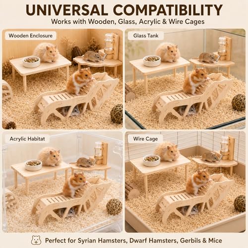 3-Piece Hamster Wood Platform Set with Tunnel Hideout, Natural Cage Accessories with Hides, Food & Water Stations, Climbing & Burrowing for Dwarf, Syrian Hamsters, Mice & Gerbils