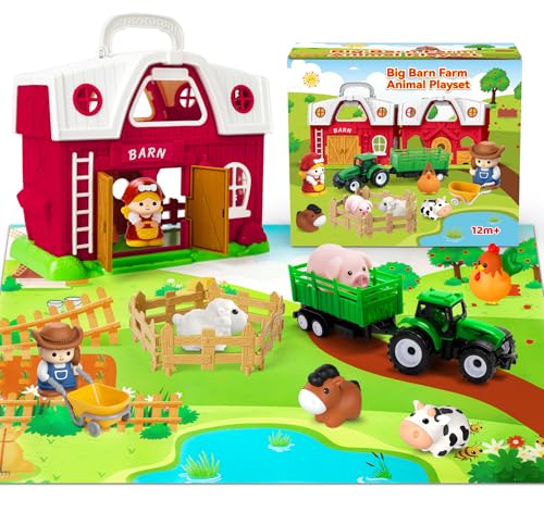 Farm Animal Toys for Toddlers 1-3, Big Barn Montessori Learning Playset | Animal Finger Puppets, Farm Mat and Tractor, Interactive Pretend Play, Christmas Birthday Gifts for 12-18 Months+