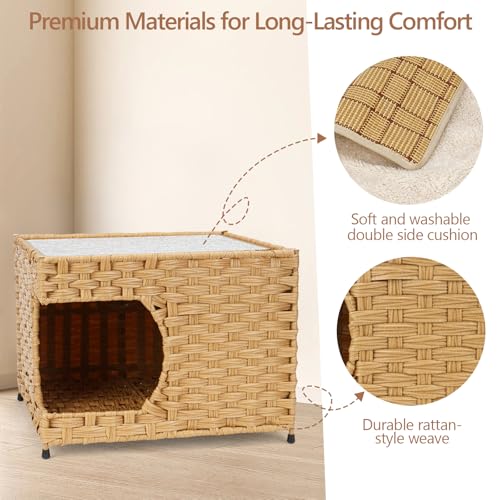 Cat House for Indoor Cats - Wicker Cat Bed with Double-Sided Soft Cushion, Decorative Handwoven Pet Bed Furniture
