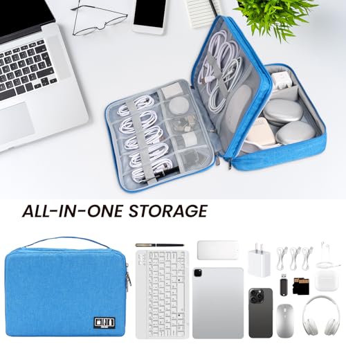 Electronic Organizer Travel Case, Double Layer Cable Organizer Bag | Double-layer design with adjustable dividers, mesh pockets and elastic loops for chargers, cables, power banks and gadgets - color: sky blue