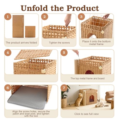 Stylish Cat Litter Box Enclosure with Scratching Post – Handwoven Rattan Cat House, Hidden Litter Mat & Fence, 20.5×18.5×19.1 in, Indoor & Outdoor Use