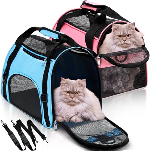 2 Pcs Pet Carrier, Soft Sided Pet Travel Carrier for Cats, Airline Approved Kitty Portable Dog Bags for Traveling Little Dogs, Rabbits, Puppy, Cat(S,Pink, Blue) - color: Pink, Blue