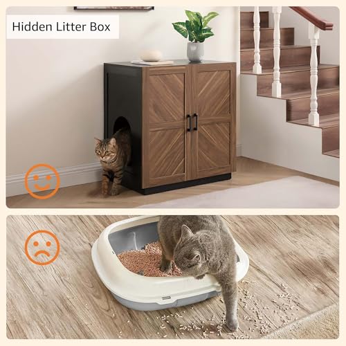 unipaws Tall Cat Litter Box Enclosure for Tall or Top Entry Litter Box | Hidden Litter Box Cover with Shelves, Kitty Enclosed Litter Box Cabinet, Cat Box Furniture - color: Walnut and Black
