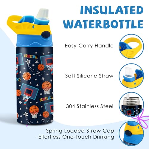 Basketball 12 oz Water Bottle with Straw – Kids Stainless Steel Vacuum Insulated Cup, Leakproof Pop-Up Spout, Reusable Travel Mug for Boys and Girls Outdoor Sports - color: Basketball1