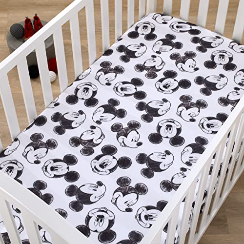 Disney Mickey Mouse - Charcoal Black and White Smiling Mickey Mouse Nursery Fitted Polyester Mini Crib Sheet - color: Disney Mickey Mouse Smiling