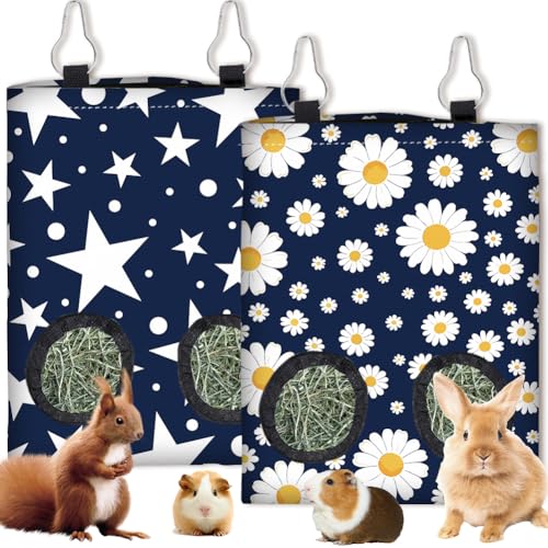 2Pcs 2 Styles Hay Feeder Bag for Bunny Guinea Pigs Chinchillas 11.6 x 9.1 Inch Small Animal Hay Bags with 2 Holes Blue Star Daisy Cloth Washable Hanging Pet Feeding Storage Cage Accessories - color: Star