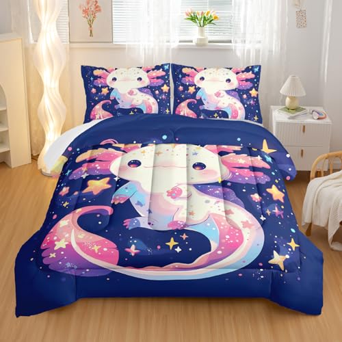 Nttopship Cartoon Axolotl Comforter Bedding Set with 2 Pillowcase King Size Pink Salamander Comforter Set for Kids Boys Girls Bedroom Decor - color: Axolotl, size: King