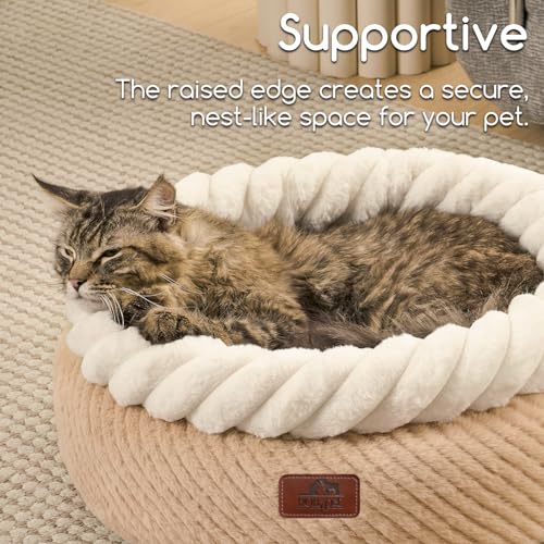 Hollypet Round Cat Bed Small Dog Beds with Detachable Cushion, Oatmeal | Cat Bed for Indoor Cats Washable Fluffy Small Dog Bed Cozy Plush Pet Beds with Non-Slip Bottom for Pets up to 22 lbs - color: Oatmeal and White