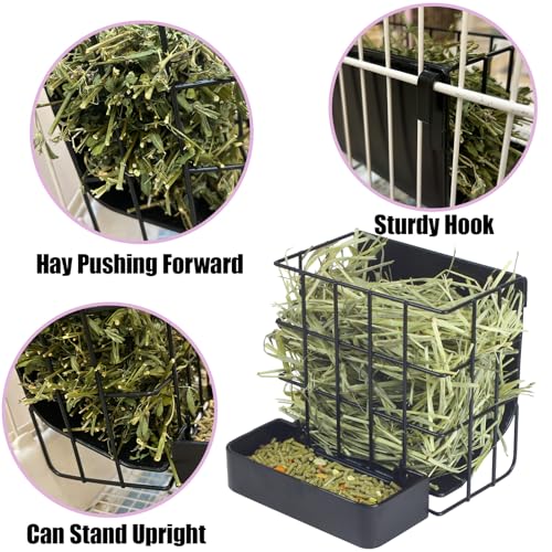 Rabbit Hay Feeder Guinea Pig Hay Feeder, Hay and Food Holder with Hook Heavy-Duty Metal Frame Hay Rack，for Bunny, Guinea Pigs,Chinchillas， Comes with Two Multifunctional Zippers-6.8x6.7x6.6inch - color: Black, size: 1 piece Small