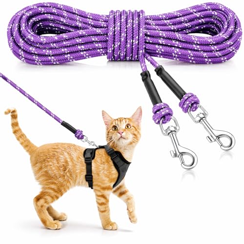 Reflective Cat Long Leash 15 FT, Outdoor Backyard Cat Tie Out Lead,Purple | Backyard Play, Reflective Nylon Rope, Dual 360° Swivel Hooks, Lightweight Cat Tie Out,Purple S, Small Pets - color: Purple, size: 15 FT