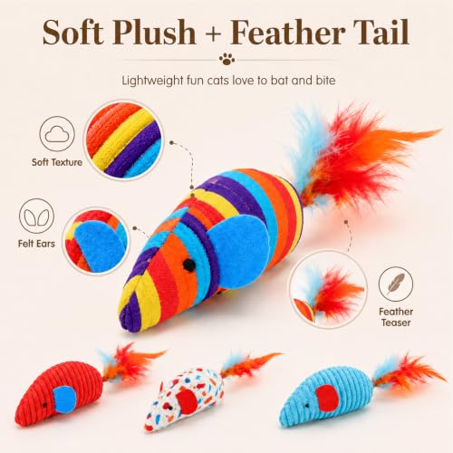 4 Pack Interactive Cat Toys, Catnip Mice with Feather Tails | Premium canvas & corduroy textures, ideal for indoor kittens or bored adults, promotes enrichment & teething chew relief