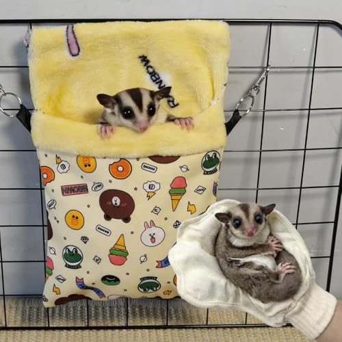 Sugar Gliders Sleeping Pouch Bag Hamster Cotton Hanging Flannel Warm Bed Hideout with Hooks Glove Small Pet Nest Bed for Squirrel Rat Hedgehog,Yellow - color: Yellow