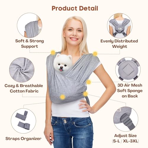 Small Dog Sling Carrier, Hands-Free, Heather Gray, Plus | Patented Front Carrier Reduces Back and Neck Strain; Adjustable, Soft Cotton, 3D Air Mesh for Puppies & Cats up to 20 lb - color: Light Heather Gray, size: Plus