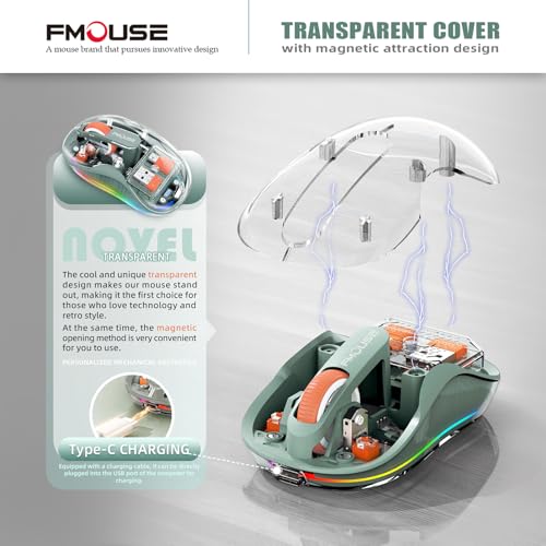 FMOUSE Transparent Wireless Mouse, Tri-Mode Bluetooth & 2.4GHz, Green | USB-A & USB-C Receiver | Rechargeable | 3 Devices for MacBook Laptop iPad PC | Silent Clicks | Portable | RGB | 4-Level DPI - color: Green
