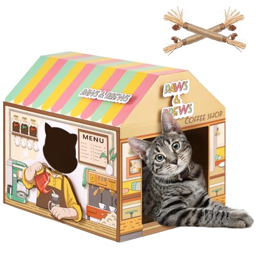 SEKAM Cardboard Cat House with Scratcher/Catnip, (16.5''x12''x15'') Kitty Coffee Shop for Indoor/Outdoor Cats, Cat Play House&Home Decor, Cat Scratch Toy for Birthday, Hideout for Bunny Small Animals - color: Coffee shop
