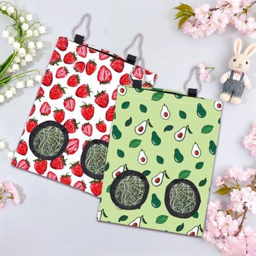 2Pcs 2 Styles Strawberry Hay Feeder Bags Small Pet Hanging Hay Bag with 2 Holes Avocado Strawberry Oxford Cloth Washable Rectangle Feeding Storage for Rabbit Chinchillas Hamster 12 x 9 Inch - color: Fruit