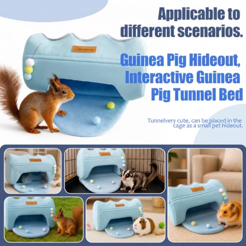Guinea Pig Hideout Tunnel Bed, Soft Fleece Small Animal House and Hide-Away for Hamsters, Sugar Gliders, and Ferrets, Machine Washable Cozy Cage Accessories for Napping and Playing, Blue