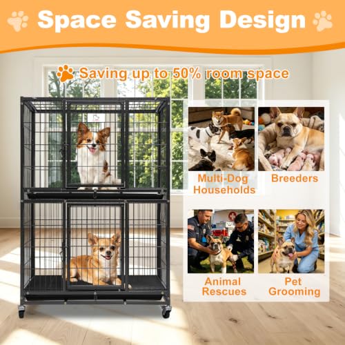 Homey Pet 31 Inch Two Tiers Heavy Duty Dog Crate with Lockable Wheels | Escape Proof Metal Wire Drop Cage for Dogs with Lockable Wheels, Removable Tray & Grids, Top Access for Small Dogs and Pets