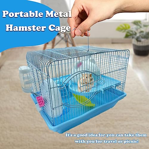 2-Tier Portable Hamster Cage and Habitats, Travel Metal Mouse Cages with Free Water Bottle, Houses and Exercise Wheel for Any Breed of Hamster and Small Animal (14.6x11.0x11.8inch Blue) - color: 【Blue】