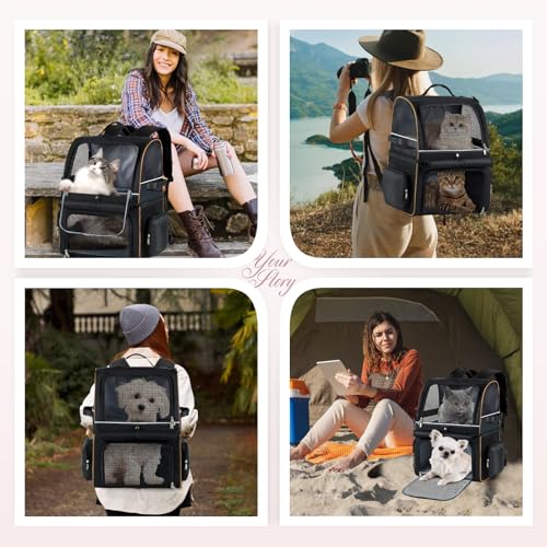 Double Cat Backpack Carrier for 2 Cats, Double-Compartment Pet Carrier Backpack for Two Small Cat or One Medium Cat, Cats Carrier Backpack Dog Carrier Backpack Fits Up to 24 Lbs,Black - color: Black