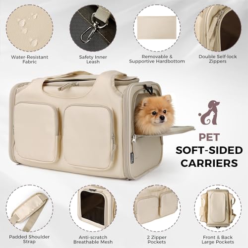 Dog, Cat Carrier for Pets Up to 12 Lbs, Airline Approved Collapsible Soft-Sided Pet Travel Bag with Locking Zippers, Breathable Mesh and 4 Large Pockets, Removable Fleece Pad (Beige) - color: Beige