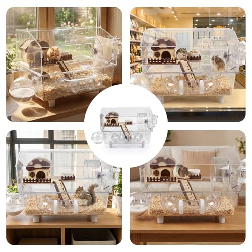 Loungewave Acrylic Hamster Cage, 8 in 1 Gerbil Cage with Accessories | Mushroom House Style Dwarf Hamster Cage with Full Transparent Viewing, Clear View Inside Easy to Clean, Excellent Ventilation - color: Transparent-1